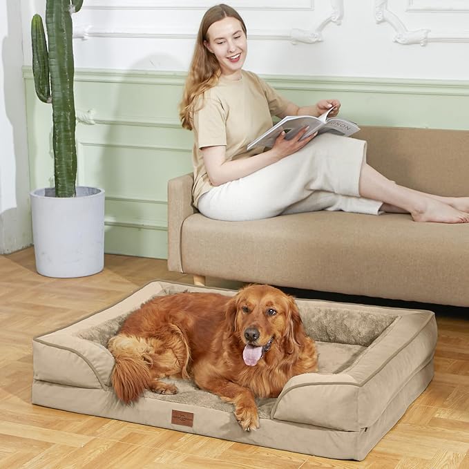Comfort Expression Orthopedic Dog Bed for Extra Large Dogs 53x42 Inch, Waterproof Egg Crate Foam XXL Pet Bed with Removable Bolsters, Dog Couch with Washable Cover & Non-Slip Bottom, Light Brown