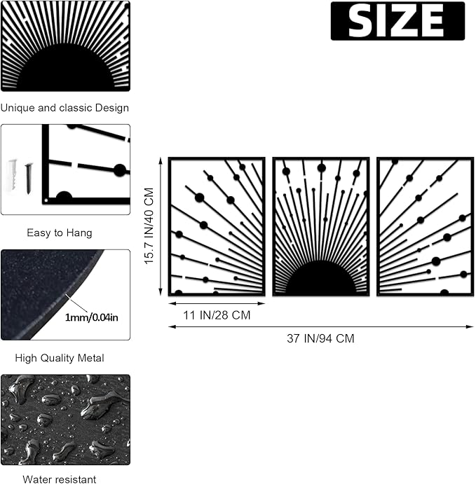 ruelen Metal Sun Wall Decor - Large Minimalist Sun Line Art Sculpture for Modern Home & Outdoor Decor, Set of 3 (40x28cm) - Nautical Black Sunshine Design