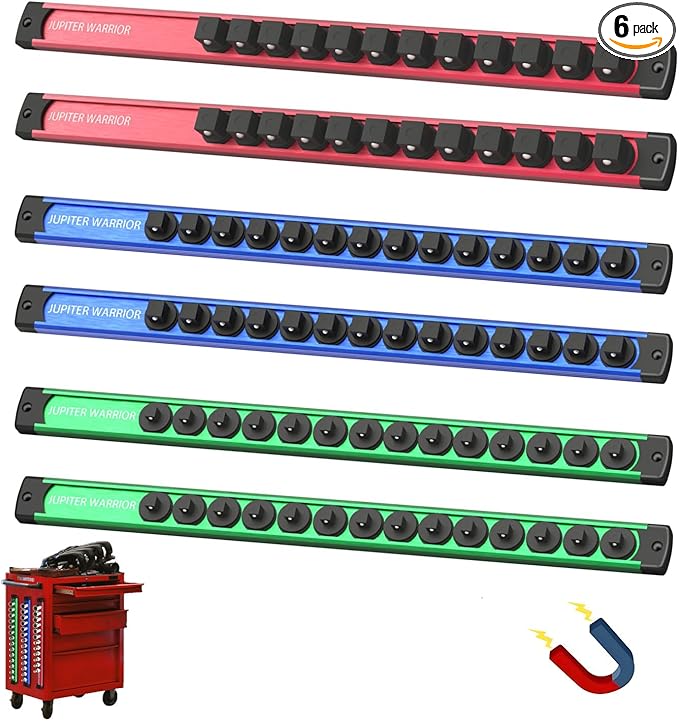 Magnetic Socket Holder Organizer, 6-Piece Set Aluminum Alloy Socket Rail for Tool Box Drawer, 360° Swivel Sockets Rack with 80 Clips for 1/2, 3/8, 1/4-Inch