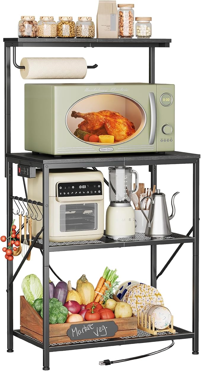 Huuger 4-Tier Bakers Rack with Reversible Power Outlet, 23.6 Inch Microwave Stand with Paper Towel Holder, Kitchen Bar, Larger Storage with Top Shelf, 6 S Hooks, Black