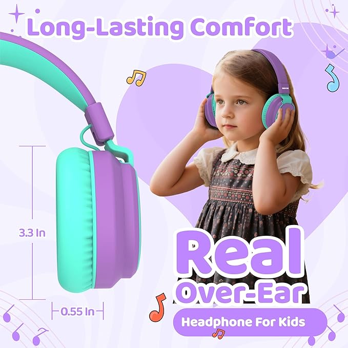 MIDOLA Kids Headphones Wireless Bluetooth 5.4 68H Play Time Volume Limit 85/94dB Over-Ear Foldable Headset,Type-C Fast Charging,with Wired Aux Mic for Toddler Boy Girl Pad Tablet Purple