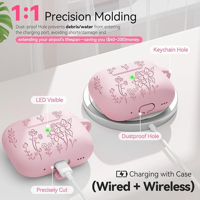 for AirPods 4 Case, Soft Silicone Flower Engraved Airpod 4 Cases with Qute Keychain & Cleaning Kit, Compatible with AirPods 4th Generation 2024 Cover for Women Girly, Anti-Scratch, Shockproof