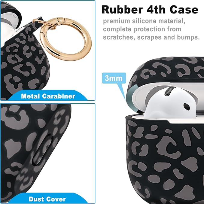 Silicone Leopard AirPods 4 Case 2024, Gawnock Case Cover for Apple Airpods 4th Generation Print Soft Flexible Cover for Air Pod 4th Women Girls, Skin with Keychain - Leopard Gray