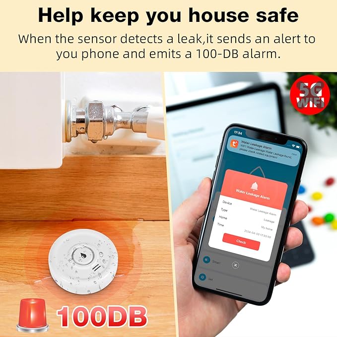 WiFi Water Leak Sensor, 100 dB Water Alarm Leak Detector, for Home, Basement, Bathroom, Kitchen(3 Pack)