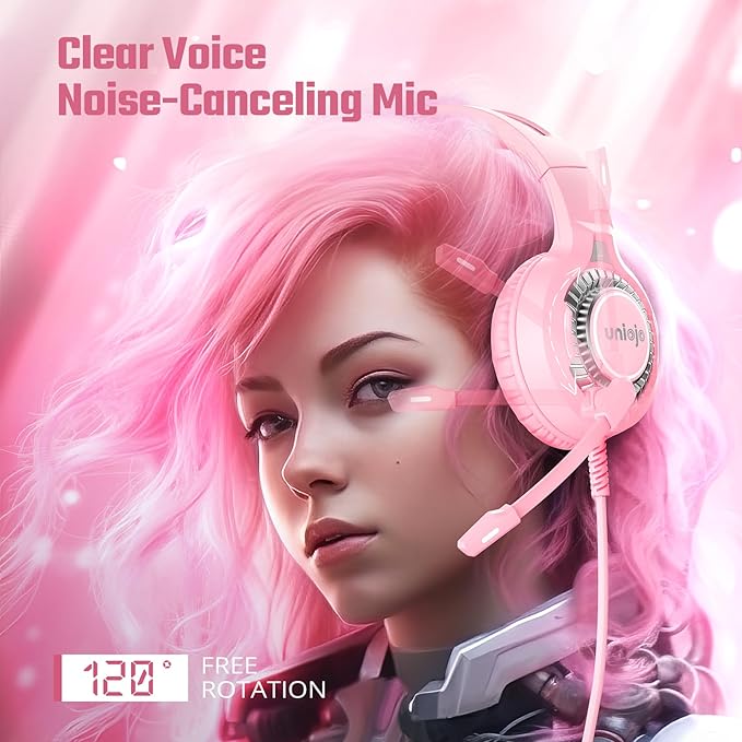 Pink Gaming Headset for PC, PS5, PS4, Xbox Headset with Noise Cancelling Mic, Gaming Headphones with 7.1 Surround Sound, LED Breathing Light Over Ear Headphones for Xbox Series X/S, Switch