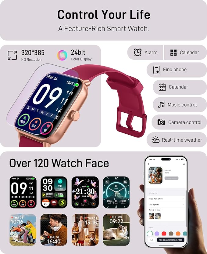 Smart Watches for Women, 1.85" HD Smart Watch for Android/iPhones (Make/Answer Calls), Fitness Tracker Watch with 24/7 Heart Rate Monitor, Sleep/Step Count Tracker, 120+ Sport Modes Pedometer Watch