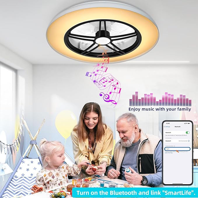 BAYSQUIRREL WiFi Low Profile Ceiling Fan with Light,Bluetooth Speaker Ceiling Fan 20In Smart Bladeless Ceiling Fans with Alexa/Google Assistant/App Control,6 Speed Dimmable LED-RGB Lights