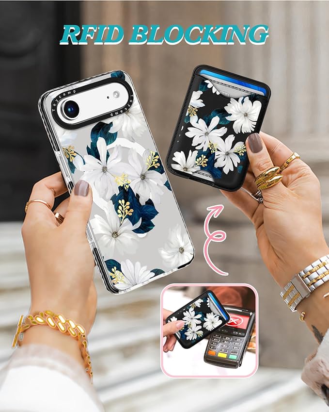 Toycamp for iPhone 17 Air Case - Compatible with Magsafe Credit Card Holder Wallet Magnetic Cute Women Teen Girls Kawaii Girly Unique White Flower Design Phone Cover for Apple 17 Air