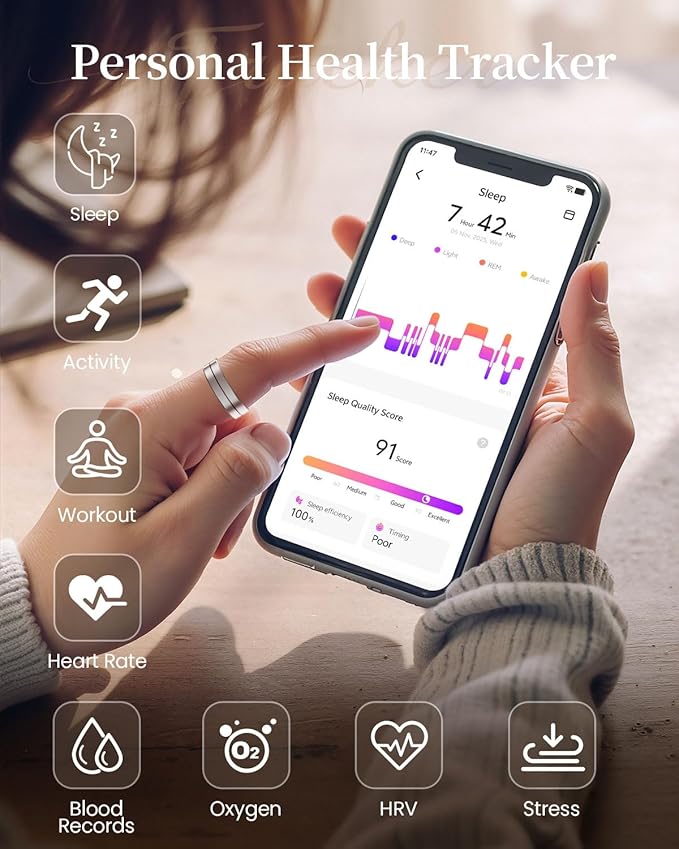 Smart Rings for Women Men - Fitness Health Tracker with Sleep Monitoring Heart Rate and Activity Tracking,Blood Oxygen Monitor IP68 Waterproof No Subscription Fee iOS Android Compatible (Silver, 8#)