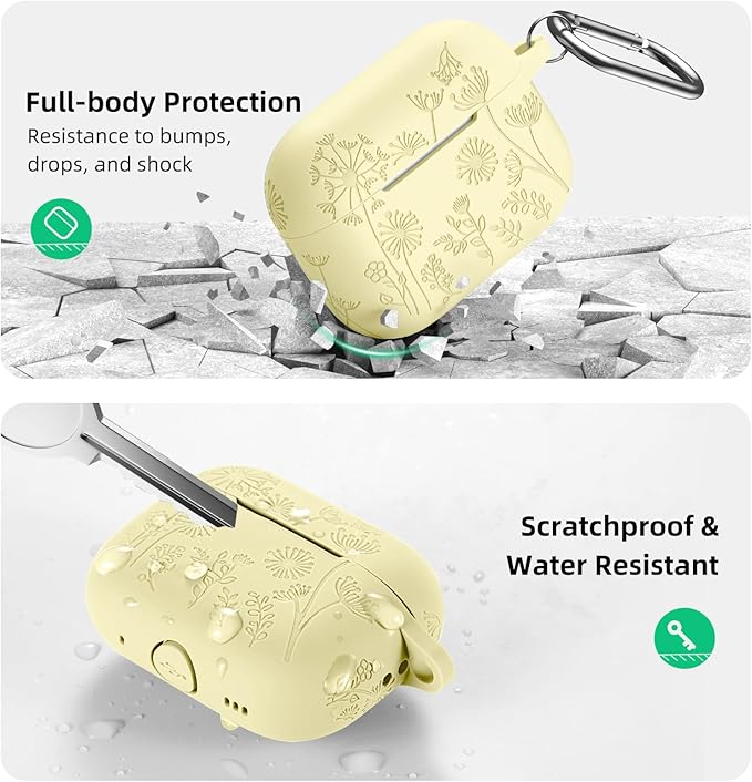 Lerobo for Airpod Pro 2 Case/Airpod Pro Case Cover, Flower Engraved Cute Silicone Skin Full Protective Cover Compatible with Apple Airpods Pro 2nd/1st Generation Case with Keychain, Cream Yellow