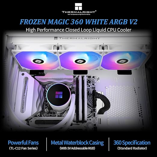 FW 360 Ultra ARGB White CPU Water Cooler,3 PWM Fans Water Cooling System,IPS LCD Screen with 480x480 Resolution,for AM4/AM5&Intel LGA1700,CPU Liquid Cooler,2.44-inch Display