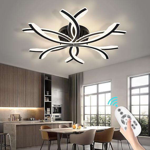 Modern LED Flush Mount Ceiling Light - 12 Lights Dimmable Close-to-Ceiling Fixture with Remote Control, 144W 3000K-6500K Adjustable Color Temperature (Black)