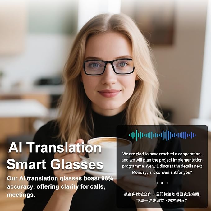 AI Smart Glasses, Support 160+ Languages Real-Time Translation Powered by APP, Bluetooth Glasses with Speakers, Blue Light Blocking & Detachable Sunglasses Lenses, Bluetooth Glasses for Men & Women