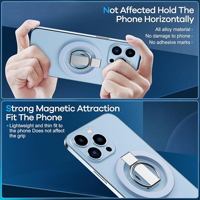 Blue Ergonomic Phone Ring Holder iPhone 11 12 13 14 15 16 17 Pro Max Magnetic Wireless Charging 360° Rotation Anti-Slip Grip Adjustable Kickstand Samsung Galaxy Pixel Foldable Secure Finger Loop