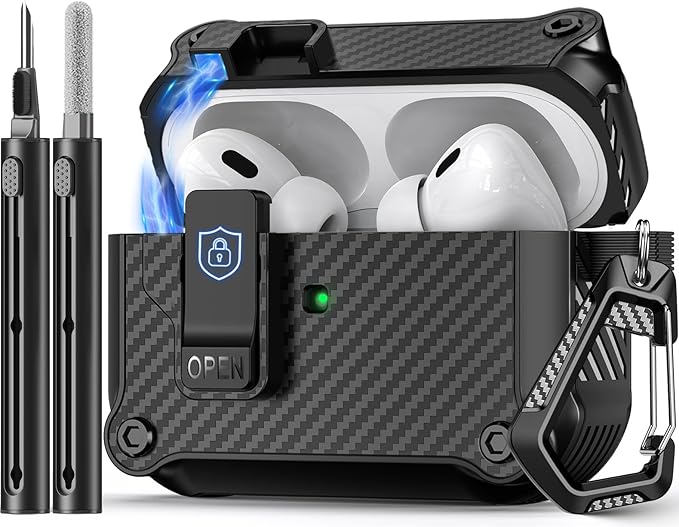 Compatible with AirPods Pro 2nd/1st Case,Magnetic Automatic Lock with Cleaning Kit,Compatible with Magsafe,Carbon Fiber Texture Cover -Black