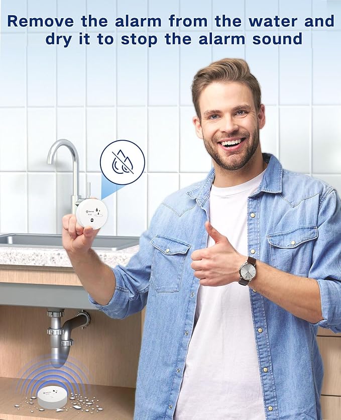 Geevon 2 Pack Water Leak Detectors, 100dB Water Sensor Alarms Flood Detector for Basements, Bathrooms, Laundry Rooms, Kitchens, Garages, and Attics, Water Alarms Battery-Operated (Battery Included)