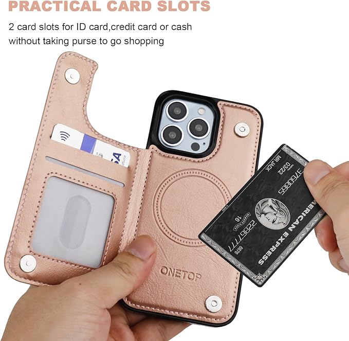 ONETOP Compatible with Magsafe for iPhone 13 Pro Wallet Case with Card Holder, PU Leather Kickstand RFID Blocking Case, Double Magnetic Clasp and Durable Shockproof Cover 6.1 Inch (Rose Gold)