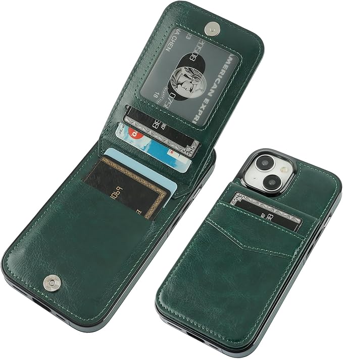 KIHUWEY Compatible with iPhone 15 Case Wallet with Credit Card Holder, Flip Premium Leather Magnetic Clasp Kickstand Heavy Duty Protective Cover for iPhone 15 6.1 Inch (Dark Green)