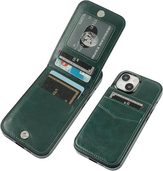 KIHUWEY Compatible with iPhone 15 Case Wallet with Credit Card Holder, Flip Premium Leather Magnetic Clasp Kickstand Heavy Duty Protective Cover for iPhone 15 6.1 Inch (Dark Green)