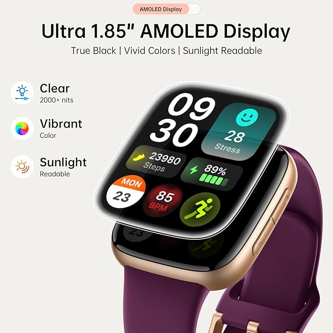 Smart Watches for Women, 1.85" HD AMOLED Display, 2 Bands Included, Works with iPhone & Android, 12-Day Battery, 3ATM Waterproof, Bluetooth Call, Health & Fitness Tracker, D-Purple