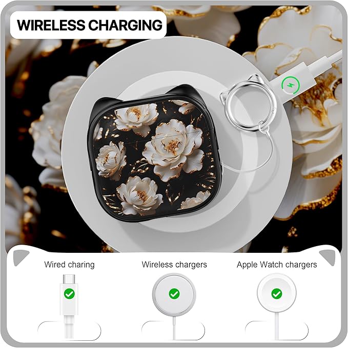 RFUNGUANGO AirPods 4 Case for Women Girly Cat Case with Lock, Phone Stand, Keychain & Cleaner Kit, Compatible with Apple Airpods 4th Generation Case Cover, Black Peony