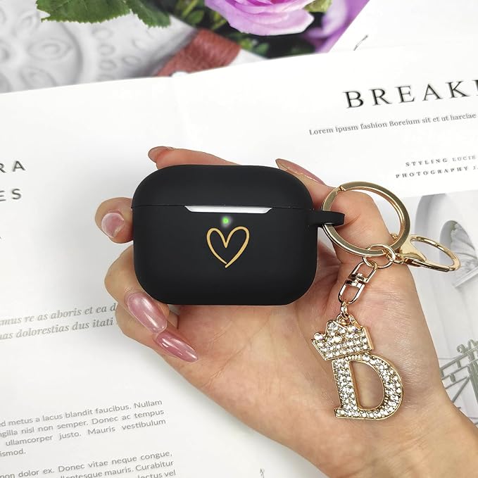 Compatible with AirPods Pro 3 Case Cover (2025), Soft Silicone Case with Gold Heart Pattern for AirPods Pro 3rd Generation Case with Rhinestone Studded Letter A-Z Keychain (D Black)