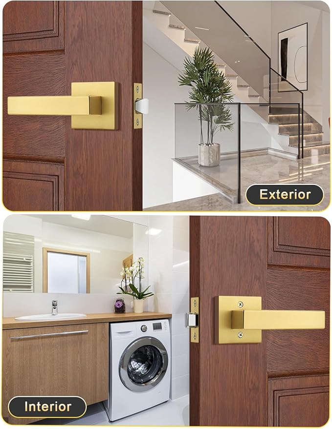 8 Pack Gold Keyless Square Levers Handles, Satin Brass Finish, Interior Passage Door Locksets for Hall Closet Door Knobs Lock Reversible Right & Left Handed