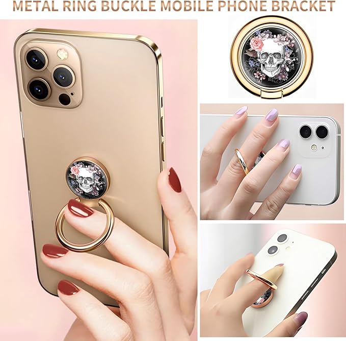 Cell Phone Ring Holder, Cute Metal Phone Grip Stand Finger Ring Kickstand, Flexible 360°Rotation Phone Tablet Case Accessories Compatible with Most Phones Cool Flower Skulls
