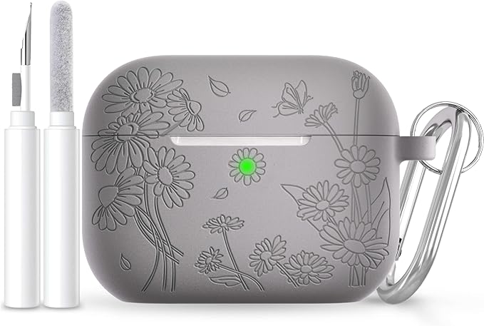 for AirPods Pro 3 Case (2025) DamonLight Daisy Floral Engraved Shockproof Protective Soft Silicone Case Cover with Cleaning Pen and Keychain for Apple Airpods Pro 3rd Generation (Gray)