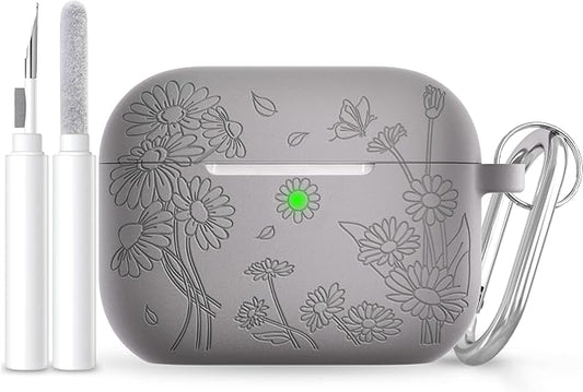 for AirPods Pro 3 Case (2025) DamonLight Daisy Floral Engraved Shockproof Protective Soft Silicone Case Cover with Cleaning Pen and Keychain for Apple Airpods Pro 3rd Generation (Gray)