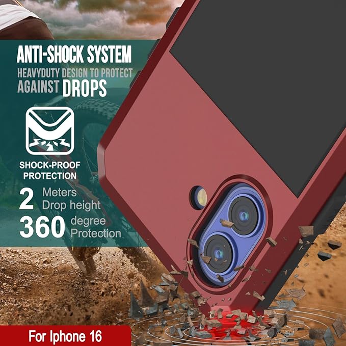 Punkcase for iPhone 16 Metal Case | Heavy Duty Military Grade Armor Cover | Hard Aluminum & TPU Design W/Tempered Glass Screen Protector for iPhone 16 (6.1") (2024) [Red]