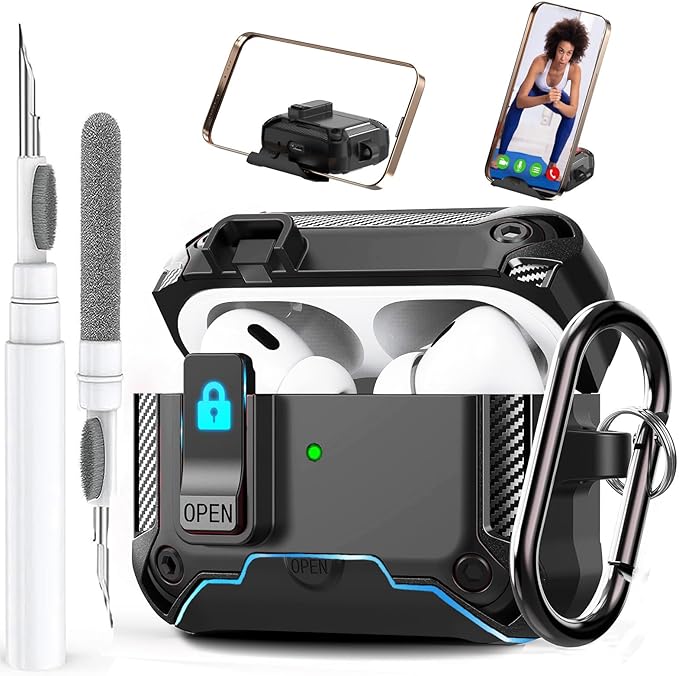 for Airpods Pro 2/1 Gen Case Cover with Lock&Phone Stand (2019/2022/2023), Rugged Case for Airpod Pro 2nd/1st Generation Shockproof Armor Protective Skin for Apple iPod Pro, Black