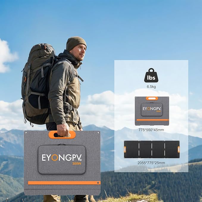 EYONGPV 300W Foldable Solar Panel, 26% High-Efficiency HPBC Cells, IP65 Waterproof Portable Solar Charger with 30A Anderson Output & 4.5m Cable, for RV, Camping, Outdoor Power Stations