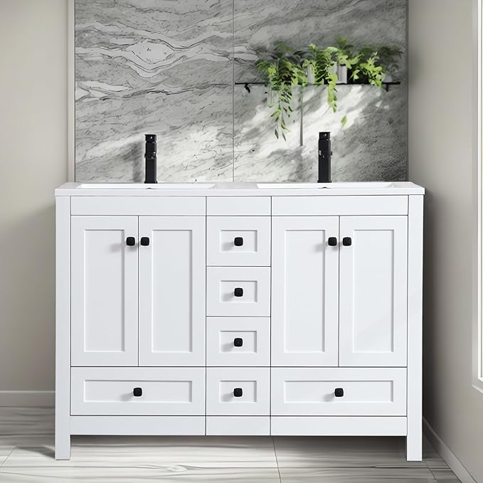 eclife 48" Bathroom Vanities with Sink Combo, Modern Thickened Wood Bathroom Storage Cabinet w/Undermount Double Sink, Matte Black Faucet Drain, Painted Surface, White
