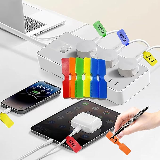 60 Pack Reusable Cable Labels & Cord Organizer Kit – Color-Coded Write-On Wire Labels with Marker + 30 Ties for Home Office Electronics Cord Management