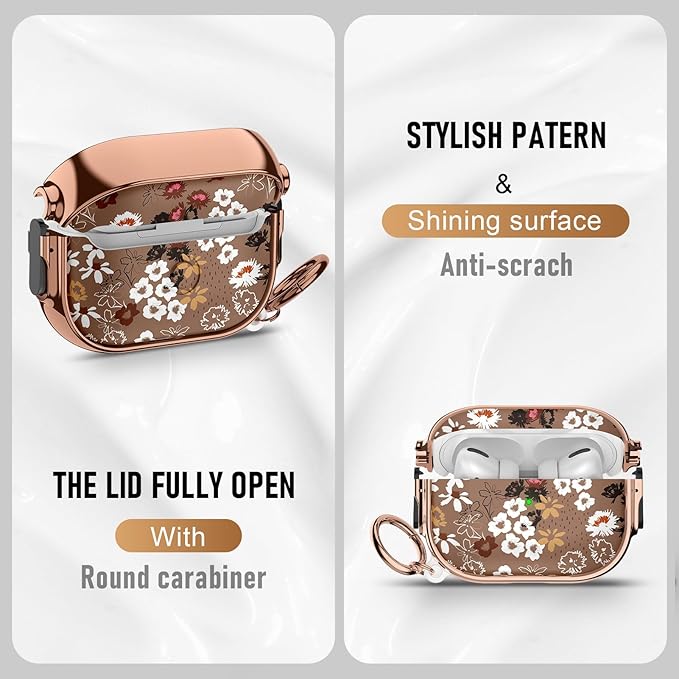 Maxjoy for Cute Airpods Pro 2 case with Safety Lock,Compatible Airpods Pro Case 2nd/1st Gen,Compatible White Flowers AirPods Case Cover for Women Girly with Keychain-Brown