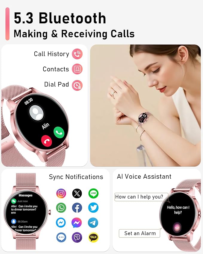Smart Watch for Women, Answer/Make Call,1.27'' Touchscreen, 120+ Sports Modes Fitness Tracker, 24H Heart Rate/Sleep/Menstrual Cycle/IP68 Fitness Watch for Android iOS, 4 Straps (Pink)