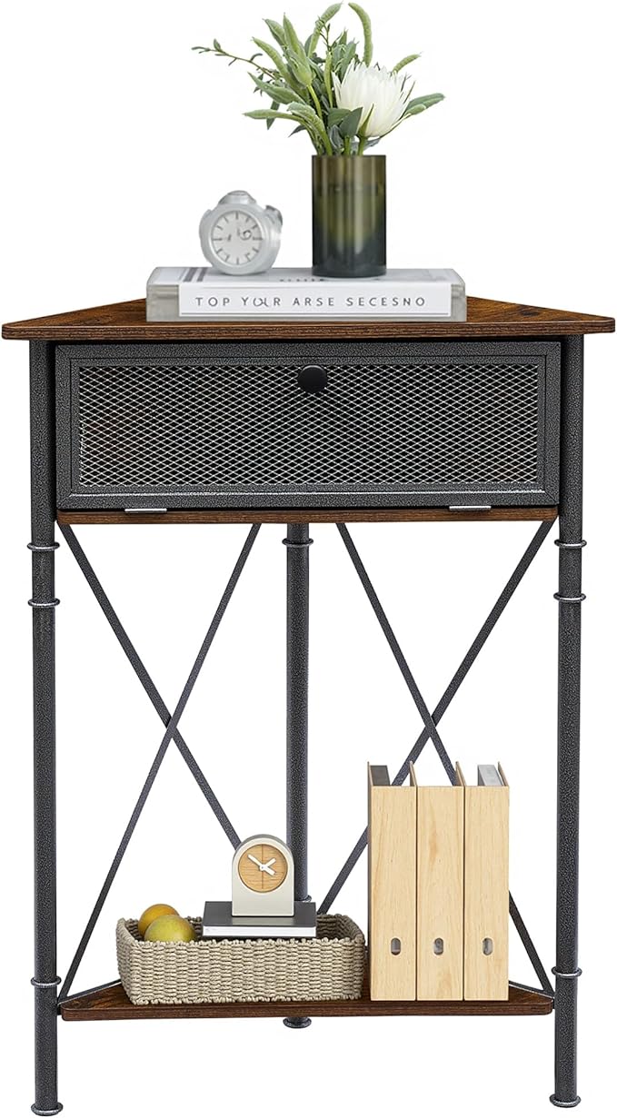 VECELO 3 tier Corner Table/Cabinet with Flip Door and Storage Shelves, Free-Standing Organizer for Compact Space in Living Room/Study/Lobby/Bedroom,Industrial