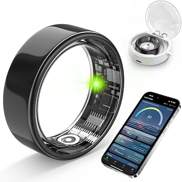 Smart Ring with Sleep Monitoring, Step Counting, Heart Rate for iPhone and Android, No Subscription Fee, IP68 Waterproof Health Tracker (Black, 7)