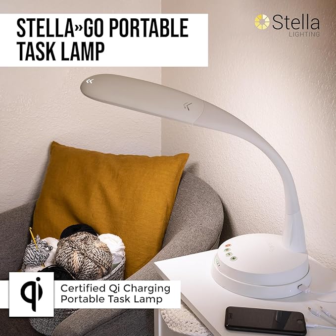 Stella GO 12W Portable Task Lamp, Dimmable, Custom Color Temperature, Adjustable, and Remote Controlled Modern Standing Lamp for Living Room, Bedroom, and Office Lighting (White)