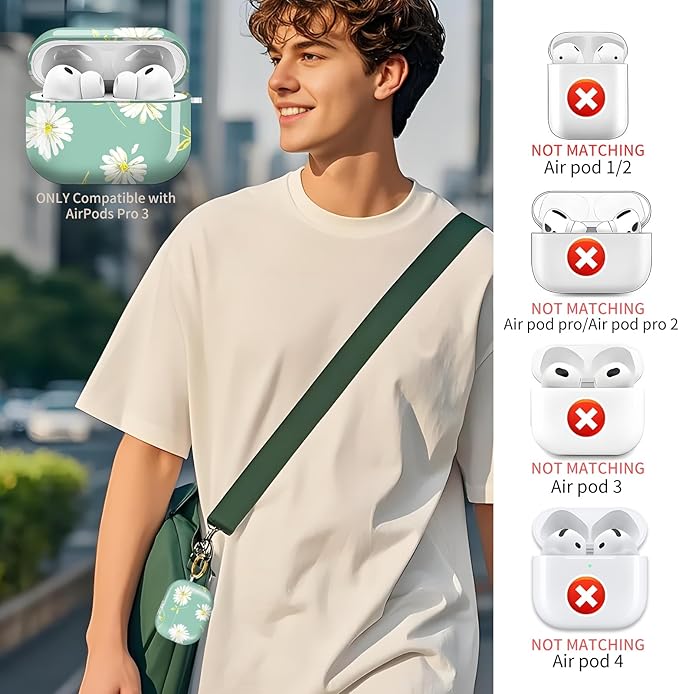 AirPod Pro 3 (2025) Case Cover for Women, Cute Shockproof TPU Protective Case with Gold Round Buckle, Anti-Drop Design Green Daisy