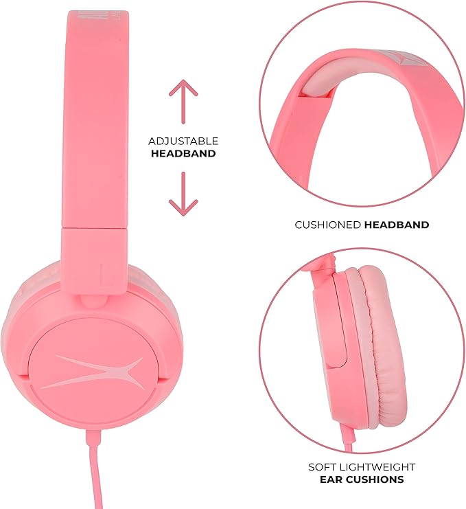Altec Lansing Over The Ears Kids Headphones - Wired - Volume Limiting Technology for Developing Ears, Ages 6-9, Perfect for Learning from Home, Pink