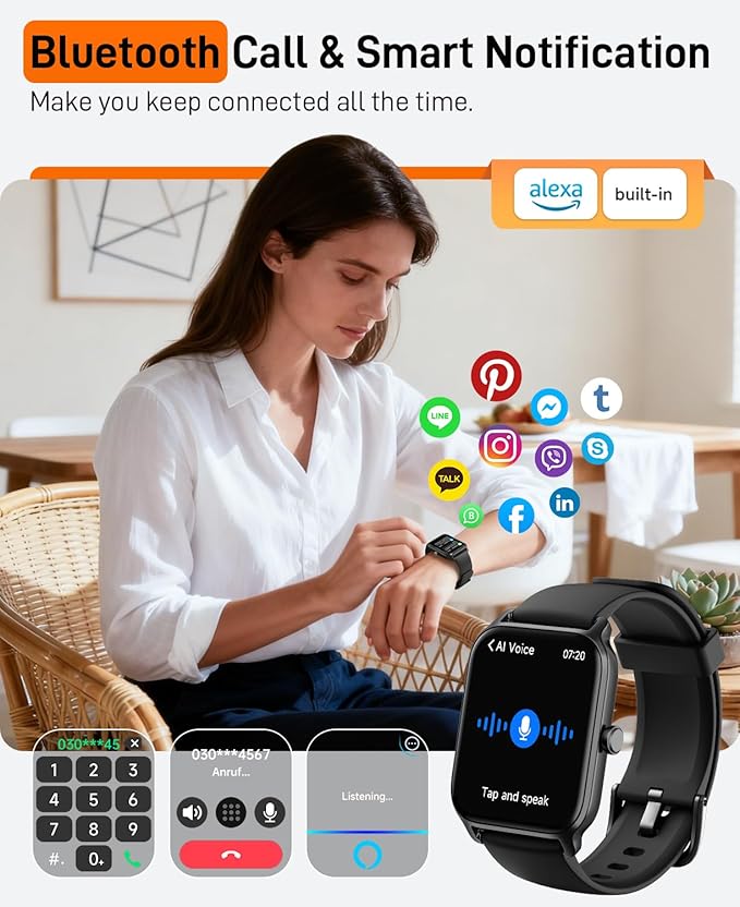Smart Watches for Women Men, 2025 Smartwatch 1.85''Alexa Fitness Tracker Smart Watch Compatible for Android iPhone with Bluetooth Call (Answer/Make), 3ATM Waterproof Heart Rate/Sleep/SpO2 Monitor 120+