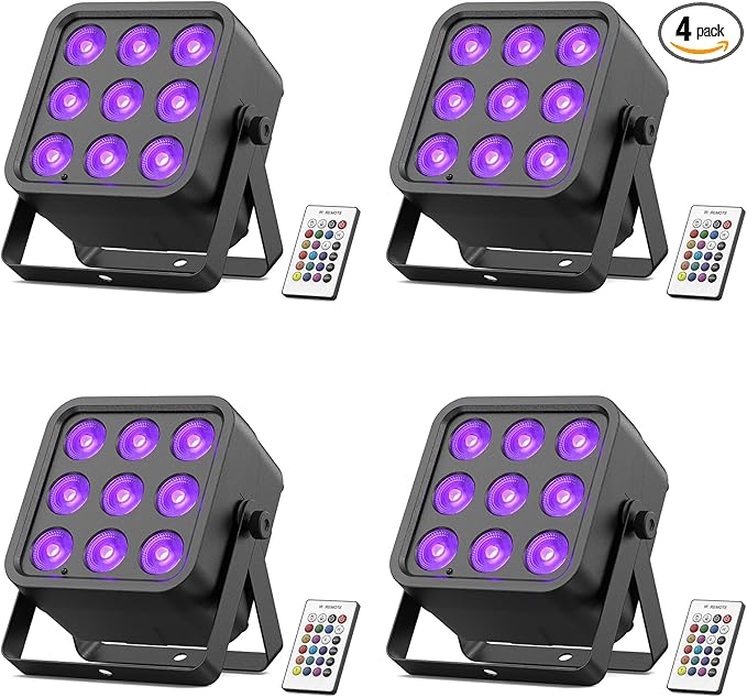 Rechargeable Stage Lights, 9 * 6W RGBWA UV 6-in-1 Battery Powered Par Lights, 6/8/10 CH Wireless Uplights DMX512 Control, Uplighting for Party, Wedding, Event, 4 Pack