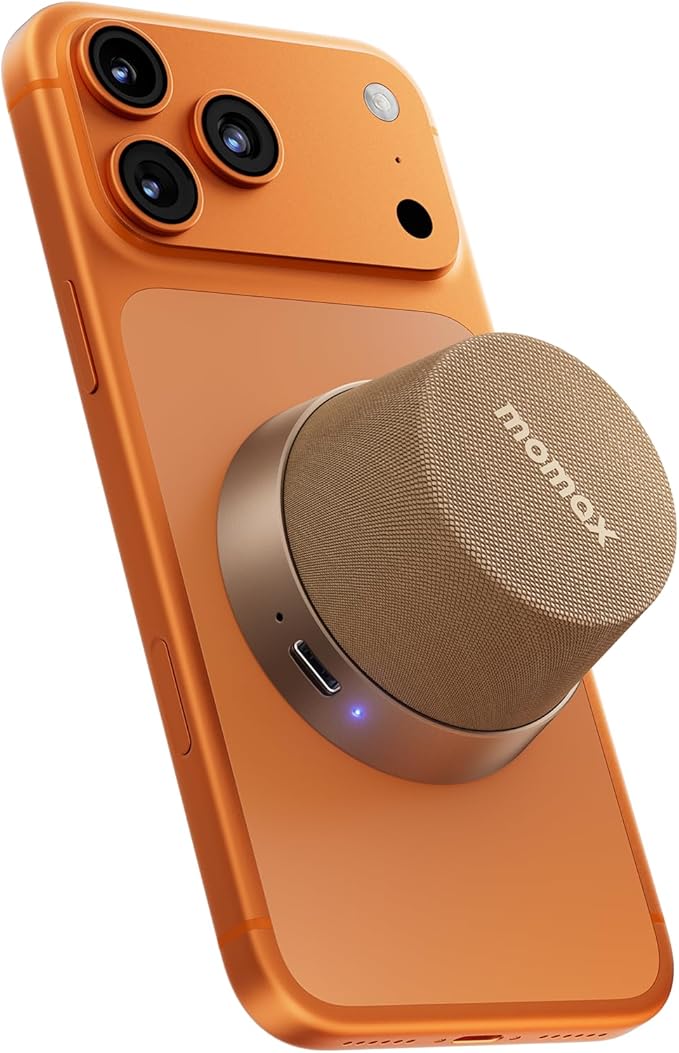 MOMAX Magnetic Mini Bluetooth Speaker, IPX6 Waterproof, 12H Playtime, TWS True Wireless Stereo, USB-C Rechargeable, Portable Shower & Outdoor Speaker, Bass-Enhanced, Call Function, Travel & Gift Ideas