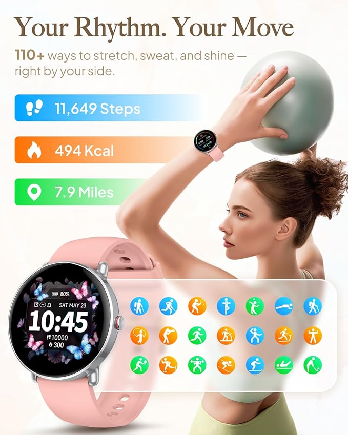 Smart Watch for Women Men, for Android iOS with Sleep & Calorie Monitor, Pedometer Fitness Tracker, Bluetooth Call, IP68 Waterproof, 112+ Sport Modes Round Face Smartwatch (Baroque Pink)