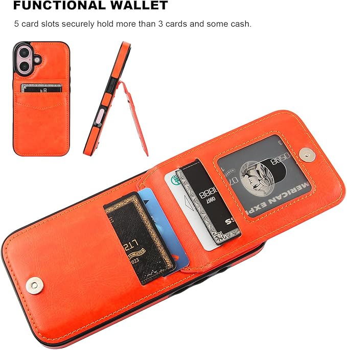 KIHUWEY Compatible with iPhone 16 Case Wallet with Credit Card Holder, Flip Premium Leather Magnetic Clasp Kickstand Heavy Duty Protective Cover for iPhone 16 6.1 Inch (Orange)