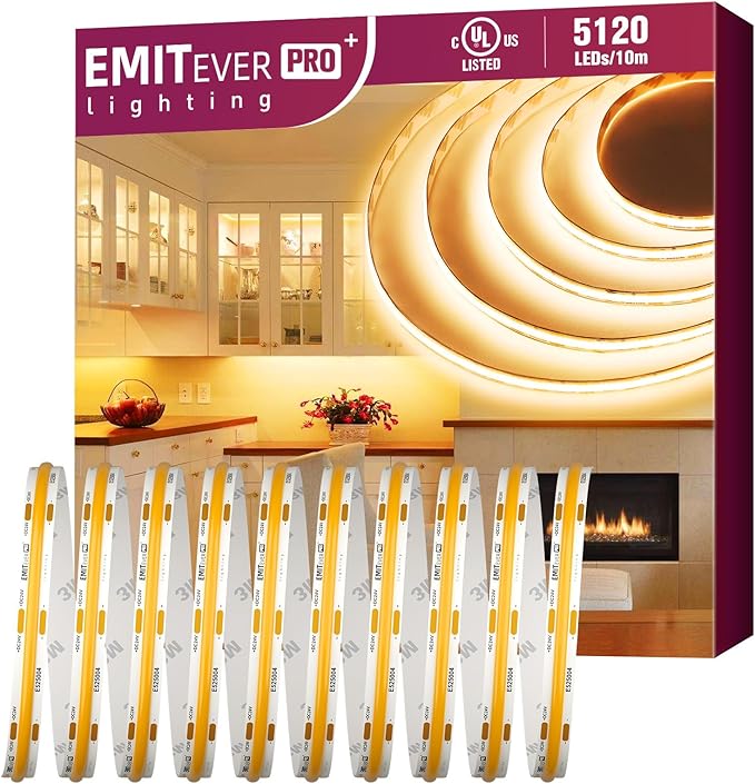 EMITEVER COB LED Strip Lights Warm White, 2700K Tape Light Premium High Density, DC 24V, 400+Lumens/ft, 5120LEDs/Spool, Ra 90+, 32.8ft/10m,UL Listed 5 Year After-Service(Power Supply Sold Separately)