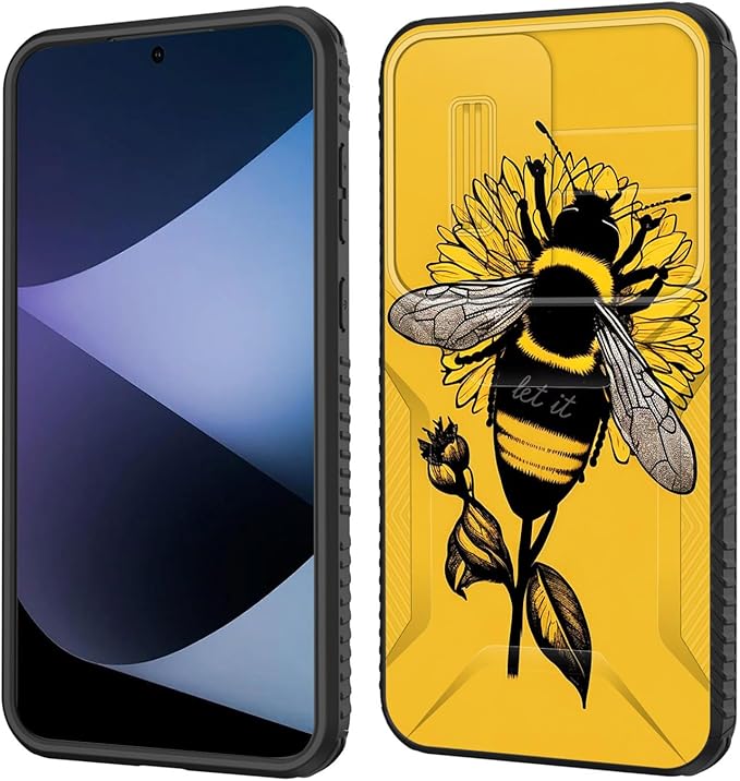for Galaxy A35 5G Case Built in Slide Camera Lens Cover,Heavy Duty Shockproof Protection Dual Layer Case for Samsung Galaxy A35 5G 6.6 inch 2024,Honeybee Flower