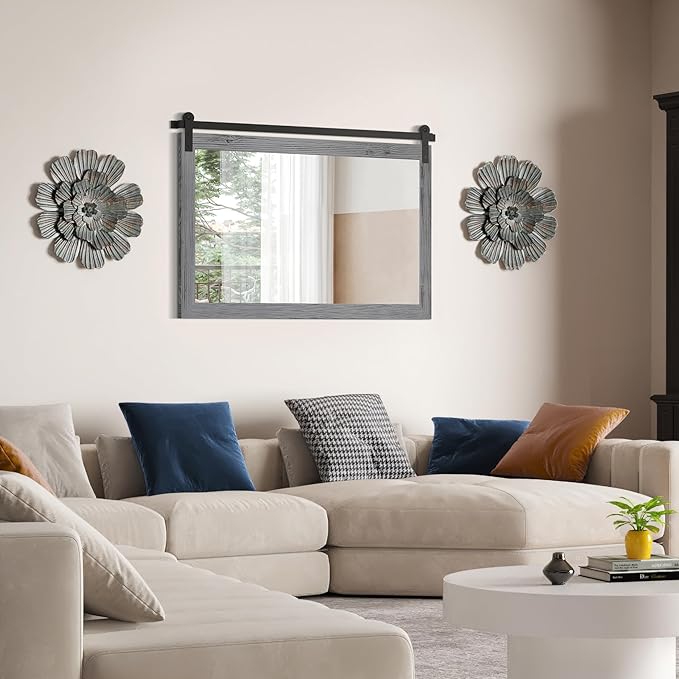 COGOOD Farmhouse Bathroom Mirror - 49 x 30 Large Rectangle Barn Door Mirror for Vanity, Bedroom, Living Room Wall Decor (Grey)
